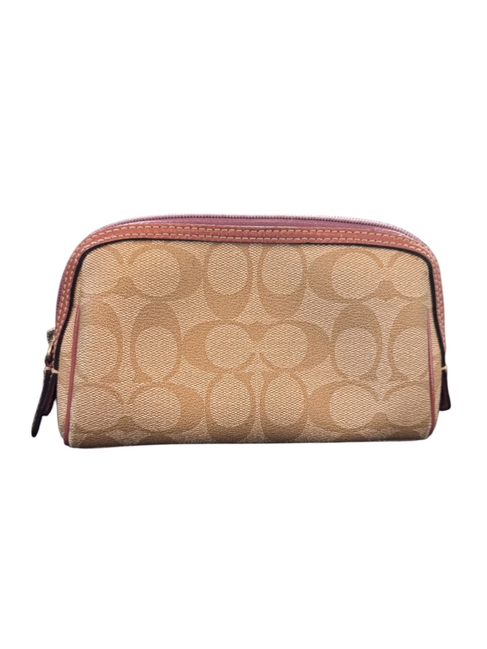 Coach Tan Signature C’s Canvas Cosmetic Makeup Case with Purple Trim